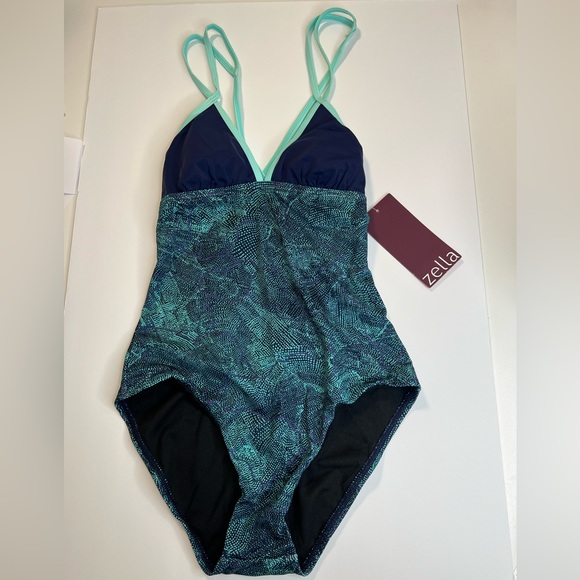 Zella One Piece Blue Open Back Criss Cross Swim Suit New With Tags Size Small - Picture 2 of 12